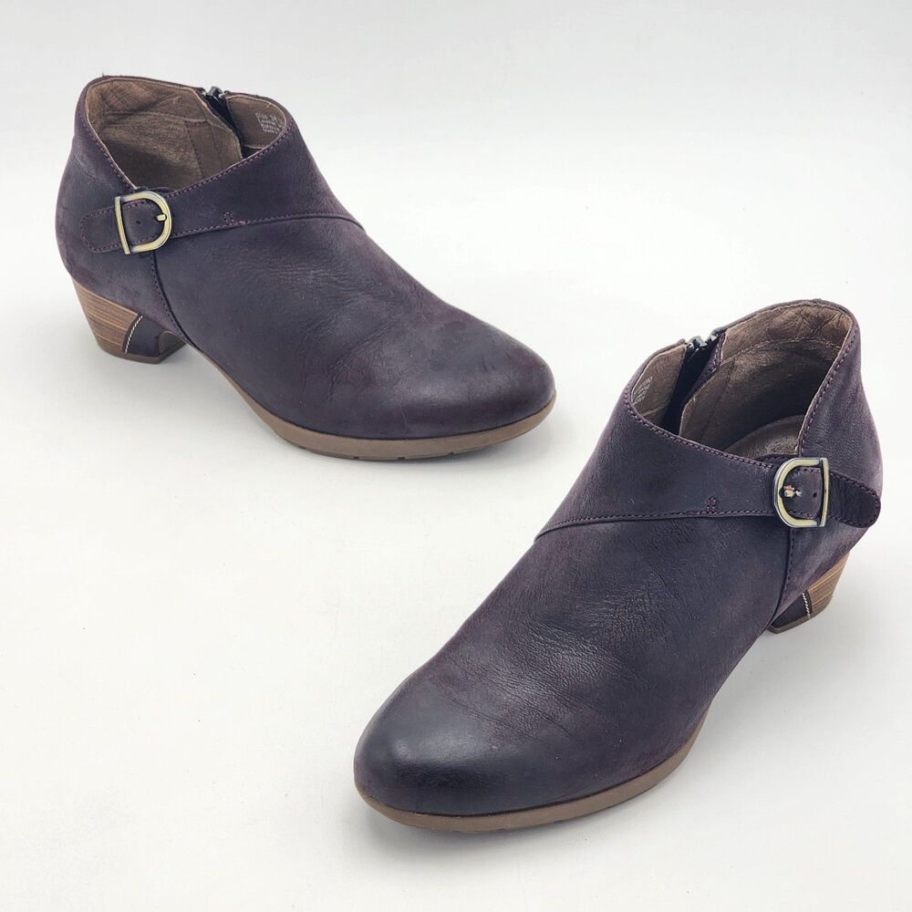 Dansko Darbie Leather Heeled Ankle Booties Comfort Shoes Plum Purple Size 38 EU